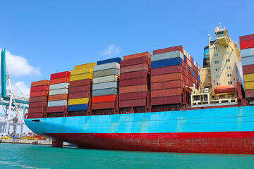 Container ship at Port Miami, one of the largest cargo ports in the US.