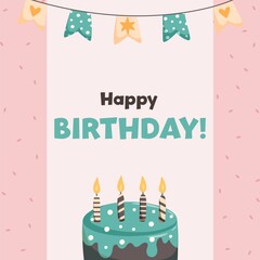 Birthday card or poster with cake, garland and text Happy Birthday. Vector illustration in cartoon style.
