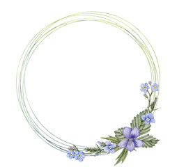watercolor drawing frame with spring flowers, round floral template with violet,speedwell and forget-me-not, hand drawn illustration