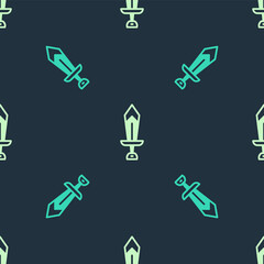 Green and beige Sword for game icon isolated seamless pattern on blue background. Vector