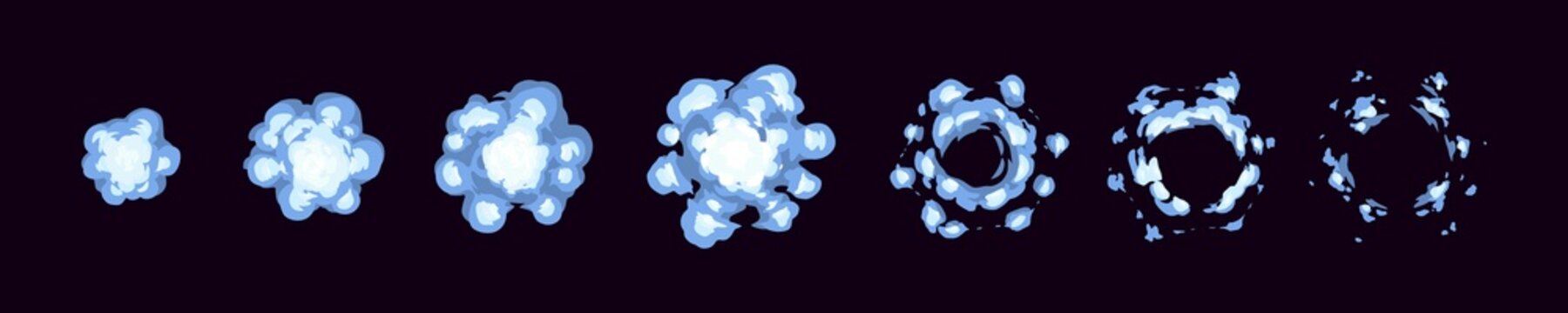Smoke explode animation sprite sheet. Cartoon clouds, steam vfx explosion animated shot, sequence frame. Puff effect movement storyboard motion, flash boom isolated elements, Vector illustration set.