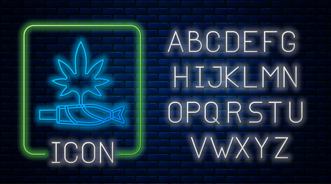 Glowing neon Marijuana joint, spliff icon isolated on brick wall background. Cigarette with drug, marijuana cigarette rolled. Neon light alphabet. Vector