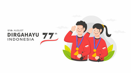 Young couple athlete salute to the flag after win competition for indonesian independence day banner