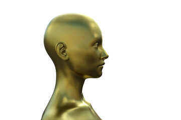 3D render portrait of a gold bald woman on a white background.