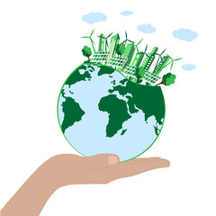 Green energy concept around the world with wind turbines, solar panels and city. Renewable sources of solar and wind energy. The human hand holds the green world. Vector illustration, flat style.