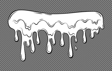 Dripping liquid outline on a transparent background. Contoured black and white illustration of a flowing viscous liquid. Wax, honey, slime. Vector. 
