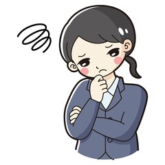 腕を組んで悩むスーツを着た女性のイラスト