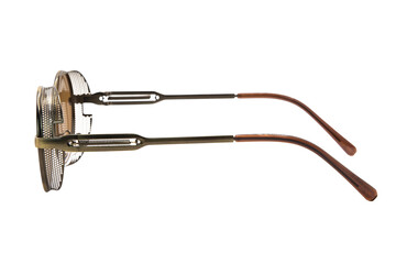 Steampunk round sunglasses brown lens and metal frame isolated on white background side view