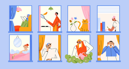 Neighbors in house windows read book, study, watering plants and look outside. Vector flat illustration of happy people in apartments cooking, listen music and taking bath