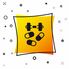 Black Sports doping, anabolic drugs with dumbbell icon isolated on white background. Anabolic steroids tablet. Pills in jar. Yellow square button. Vector
