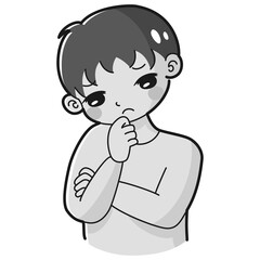 腕を組んで悩む男の子のイラスト