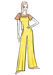 color illustration fashion image autumn jumpsuit with t-shirt sporty daily style woman full length on white background