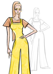 color illustration close up portrait fashion sketch woman blonde image casual wear yellow jumpsuit and t-shirt