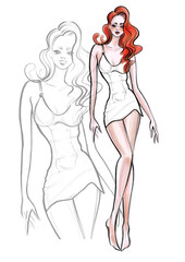 Fototapeta na wymiar color illustration of lingerie ideas full length woman in peignoir with red long hair gentle trend image