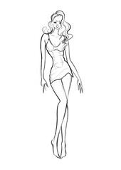 Fototapeta na wymiar sketch fashion illustration element design lingerie negligee woman long hair full length