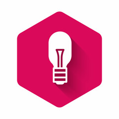 White Light bulb with concept of idea icon isolated with long shadow background. Energy and idea symbol. Inspiration concept. Pink hexagon button. Vector