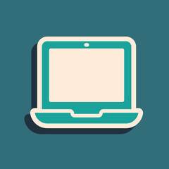 Green Laptop icon isolated on green background. Computer notebook with empty screen sign. Long shadow style. Vector