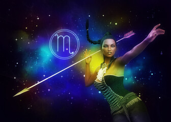 3D Scorpio girl on outer space