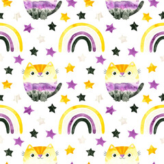 Nonbinary pride seamless pattern. LGBT pride month wallpaper, Non-binary rainbow cats and stars watercolor clipart