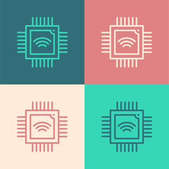Pop art line Computer processor with microcircuits CPU icon isolated on color background. Chip or cpu with circuit board. Micro processor. Vector