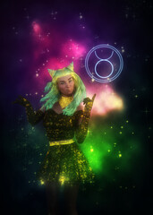 3D Taurus girl with green hair in space