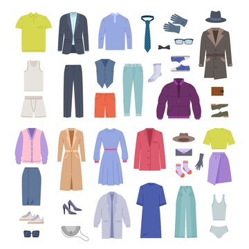 casual clothes. fashioned modern seasonal collection outfit male and female dress jacket shirt pants. Vector pictures isolated