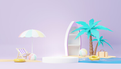 Obraz premium 3d render Summer sale podium stand for showing product. Beach Vacations Scene in Summer for mock up.