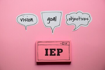 Hand drawn web browser with the text IEP acronym (individualized education program). Vision goal...