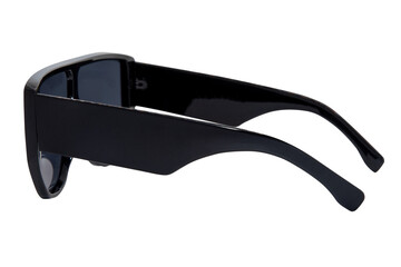 Big frame Sunglasses grey shades with black frame isolated on white background back side view