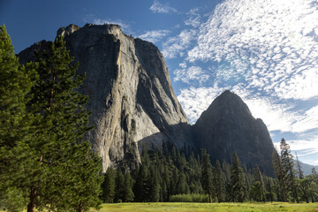 Obraz premium Scenic view of famous Yosemite Valley on a beautiful sunny day with blue sky in summer, Yosemite National Park, California, USA