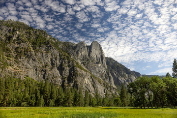 Scenic view of famous Yosemite Valley on a beautiful sunny day with blue sky in summer, Yosemite National Park, California, USA