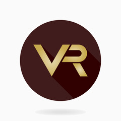 Fine icon with VR logo in circle. Flat design with long shadow. Virtual reality golden logo