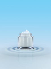 3D illustration of cosmetic cream container on  pastel blue ripple background, work path or clipping path included