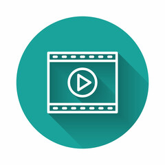 White line Online play video icon isolated with long shadow. Film strip with play sign. Green circle button. Vector