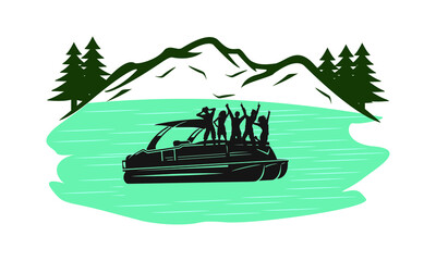 Vector illustration of nature in the mountains. Tourism in nature. landscape with mountains, lake and forest. Illustration of tourism and recreation