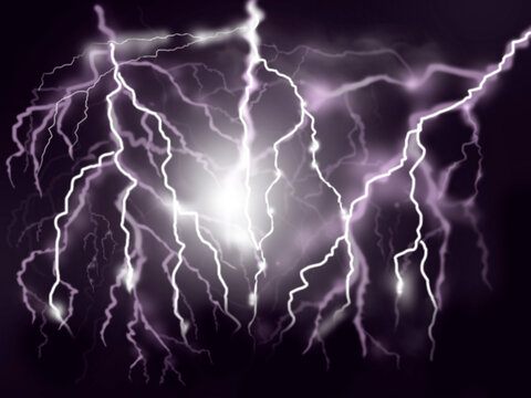 Flash of lightning, electrical discharges on a dark background. Thunderstorm