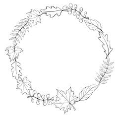 Wreath of autumn leaves. Doodle contour illustration. Round frame. Black outline on a white background.