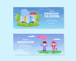 Obraz na płótnie Canvas Monsoon Season Social Media Banner Template Flat Cartoon Background Vector Illustration