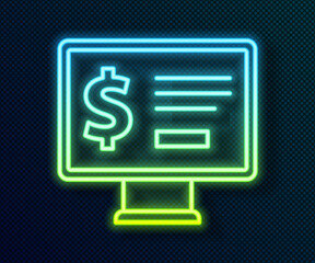 Glowing neon line Monitor with dollar icon isolated on black background. Sending money around the world, money transfer, online banking, financial transaction. Vector