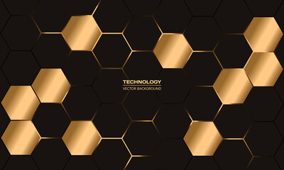 Luxury dark and gold hexagonal vector abstract background with golden hexagon. Elegant luxurious technology background with gold and dark honeycomb. vector illustration. - obrazy, fototapety, plakaty