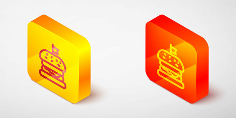 Isometric line Burger icon isolated on grey background. Hamburger icon. Cheeseburger sandwich sign. Fast food menu. Yellow and orange square button. Vector