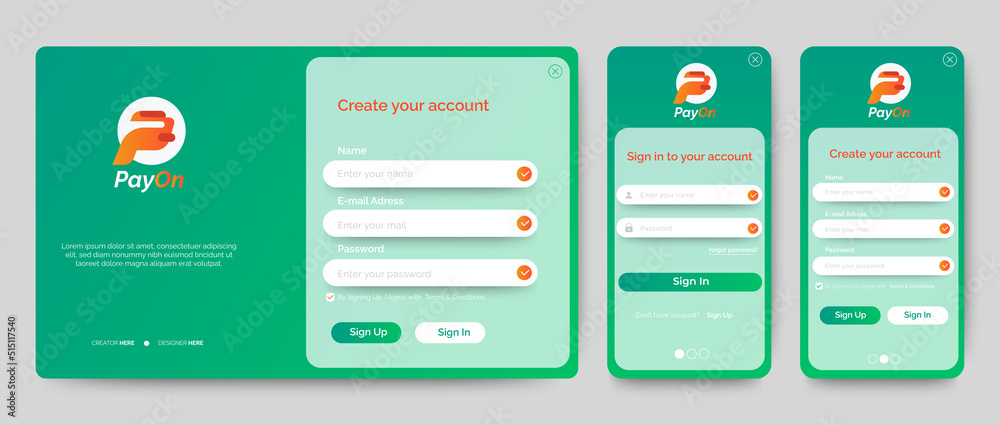 Poster set of sign up and sign in forms. green gradient. mobile registration and login forms page. professi