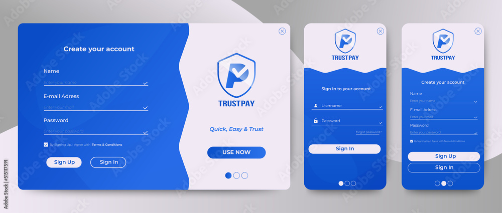 Poster set of sign up and sign in forms. blue gradient. mobile registration and login forms page. professio