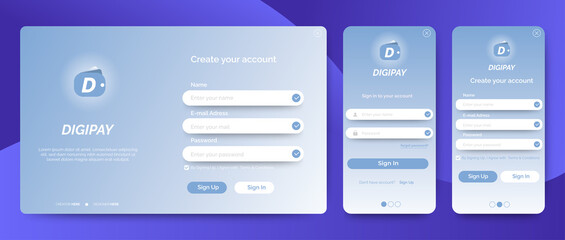 Set of Sign Up and Sign In forms. purple gradient. Mobile Registration and login forms page. Professional web design, full set of elements. User-friendly design materials.