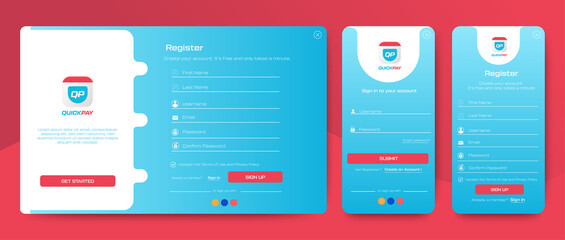 Set of Sign Up and Sign In forms. purple gradient. Mobile Registration and login forms page. Professional web design, full set of elements. User-friendly design materials.
