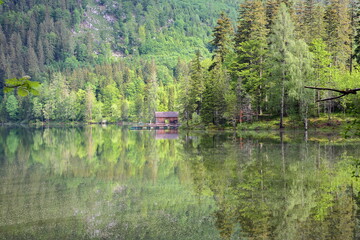 Fototapeta premium Green scenery and reflections on lake Odensee in Pichl Kainisch, Bad Aussee, Salzkammergut, Styria, Austria, Europe. The Odensee is a natural lake surrounded by a nature reserve
