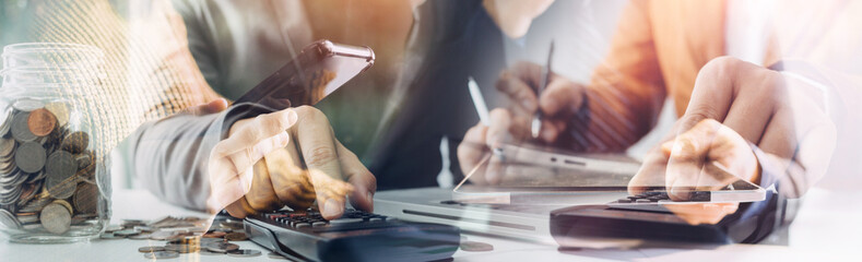 Businessman working with smart phone and laptop and digital tablet computer in office with digital marketing media in virtual icon
