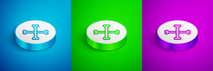 Isometric line Crossed human bones icon isolated on blue, green and purple background. White circle button. Vector