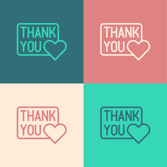 Pop art line Thank you with heart icon isolated on color background. Handwritten lettering. Vector