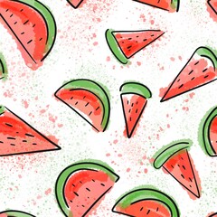 Juicy watermelon Line art and watercolor stains. Hand-drawn seamless pattern in sketch style. Illustration for fabric design, prints, kitchen utensils
